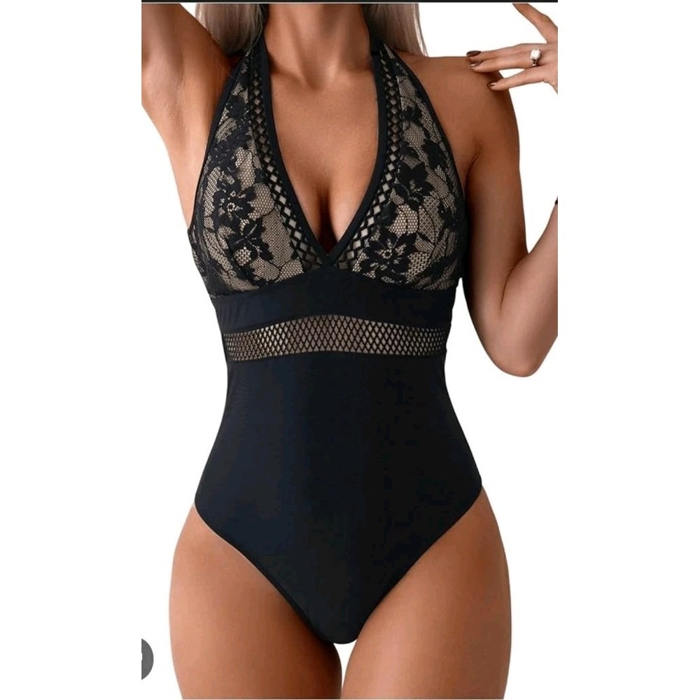 One Piece 3XL  Black Swimsuit Floral Lace Halter Tie Back Bathing Suit